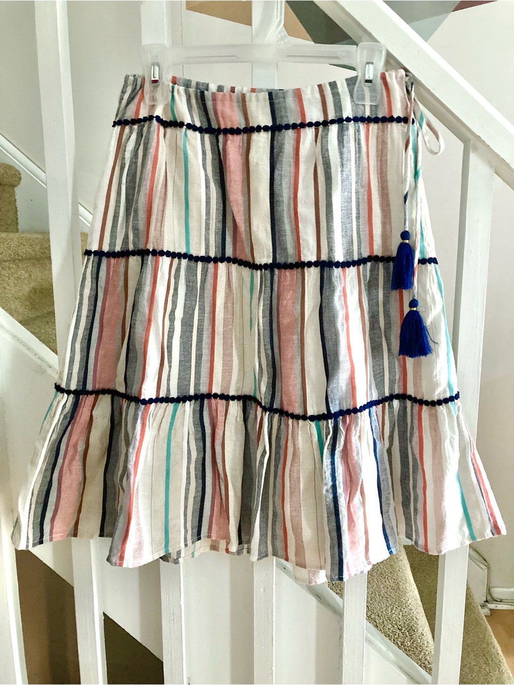 Multicolor Colorful Tiered Stripe Cotton Skirt with Lace Detail and Lining